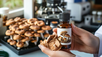 Organic mushroom research with medicinal bottle in scientific laboratory setting