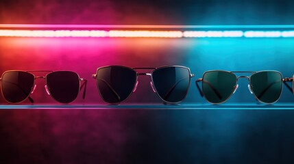 Multiple pairs of sunglasses with different colored lenses are creatively arranged on a shelf, illuminated by a vibrant neon pink and blue background setting the mood.