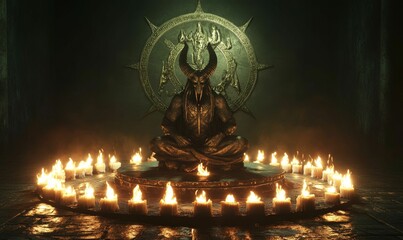 Dark figure sits amidst lit candles.