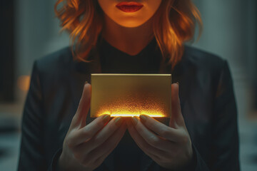 Close-up of a businesswoman holding a gold plaque award, deep depth of field.