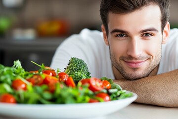 Smiling man enjoying a healthy meal with fresh vegetables, including broccoli and cherry tomatoes, in a modern kitchen setting