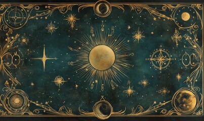 Gold celestial bodies on a teal background.