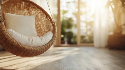 An inviting wicker chair hangs near a sunlit window, surrounded by indoor greenery. The cozy setting is perfect for relaxation and enjoying the tranquility of home life.