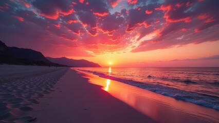 Poster - A beautiful sunset over the ocean with a beach in the background