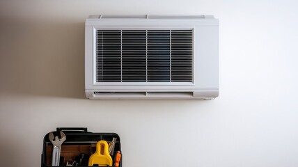 Modern air conditioner mounted on a wall, accompanied by a tool kit for maintenance and installation tasks.