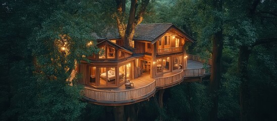 A luxurious treehouse with a large balcony and windows lit up at night in a forest.