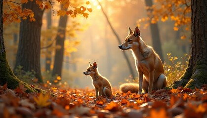 Wall Mural -  Autumns embrace  A mother and her cub in the golden woods