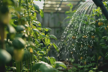 Watering green vegetables with a watering can in the backyard vegetable garden in the evening.