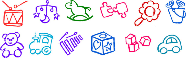 Wall Mural - Small Kids Toy Icon Crayon Chalk Drawing Vector Set