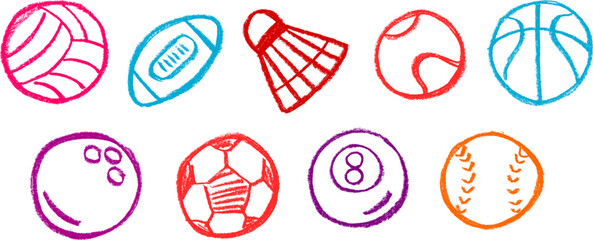 Wall Mural - Sports Ball Icons Crayon Chalk Drawing Vector Set