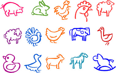 Wall Mural - farm animals icon crayon chalk drawing vector set