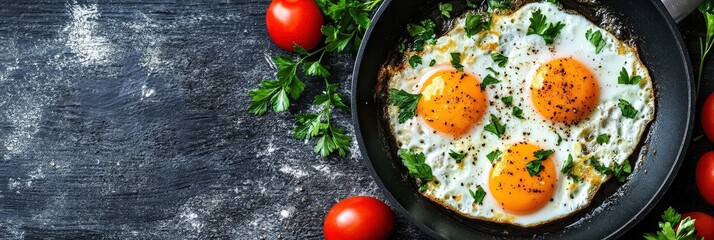 Kosher Food. Delicious Breakfast with Fried Eggs, Fresh Vegetables, and Herbs