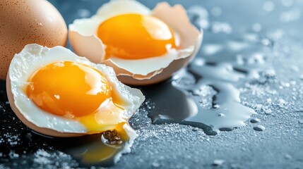 Two cracked eggs with bright yellow yolks on a dark, textured surface indicating freshness and culinary potential, with scattered salt grains.