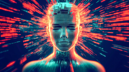 Poster - An intense digital human figure adorned with bright light effects and intricate patterns, representing the dynamic interaction between humanity and technology.