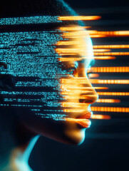 Poster - A digital human face illuminated by glowing data stream patterns, highlighting the profound integration of modern technology and human existence.