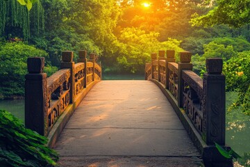 Little Bridge at Sunset: Tranquil Scene Overlooking Lake in Nature