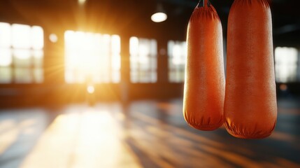 Two heavyweight orange punching bags hang prominently in a sunlit gym, creating a dynamic and energetic ambiance, perfect for intense workout sessions.