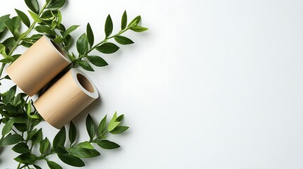 Two Rolls of Paper with Green Leaves on White Background