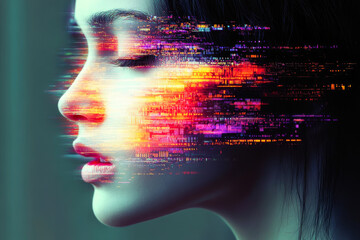 Poster - An elegant side profile portrait enveloped in glitch digital effects, presenting a stunningly vivid and abstract representation of futuristic art elements.