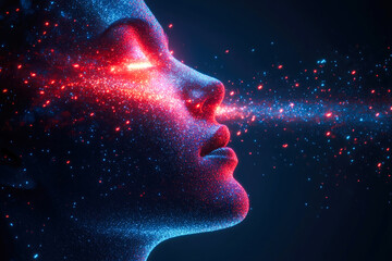 Poster - A mystical profile set against a cosmic backdrop with digital red sparkles projected gracefully, highlighting the fusion of human expression and starry aesthetics.