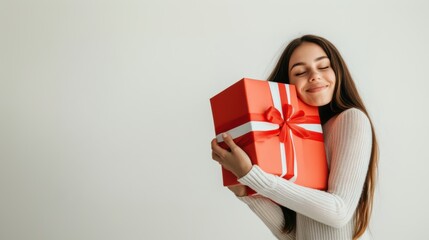 happy female with gift box in holiday season.