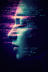 Poster - A dynamic digital profile revealing animated light trails and pixelated fragments, creating an impression of movement, energy, and rapid technological advancement.