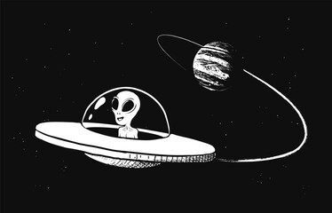 Wall Mural - alien in flying saucer flies from jupiter. vector illustration