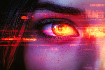 Poster - A close-up of an eye surrounded by electric data streams, illustrating a dynamic blend of human insight and advanced technology in contemporary visual art.