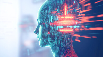 Poster - A side profile of a human head formed by dynamic digital streams of red and blue data lines, symbolizing technological evolution and seamless integration.