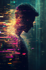 Poster - A silhouette of a man surrounded by cyber particles, creating a futuristic atmosphere where technology and human presence interact in an abstract digital realm.