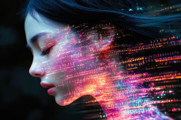 Poster - A whimsical portrait of a woman enveloped in a colorful digital spectrum, capturing an interplay between technological elements and human imagination from modern art.