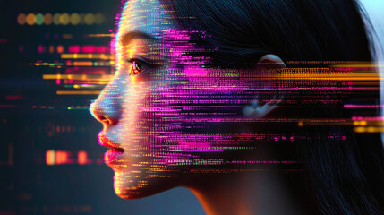 Poster - A striking digital art piece where vibrant glitch effects overlay a side face view, symbolizing the merging of human emotions with digital transformations.