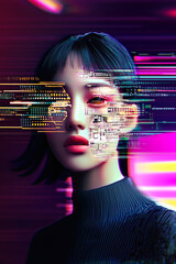 Poster - A young woman's face integrated with a digital circuit overlay, presenting a futuristic vision of technology interwoven with human essence and identity.