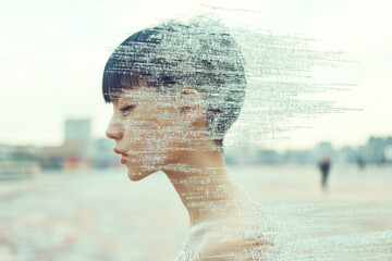 Poster - A digitally rendered portrait of a person with short hair, dissolving into blurred segments, representing the breakdown of identity in the digital age.