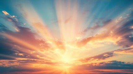 Wall Mural - the sky is filled with vibrant sunset clouds as sun rays burst through, creating a stunning display 