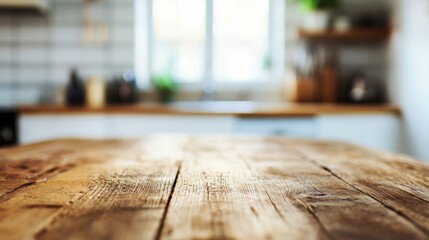 Wall Mural - The wooden table stands empty in a warm kitchen, with soft light illuminating the space and nearby cooking essentials slightly blurred