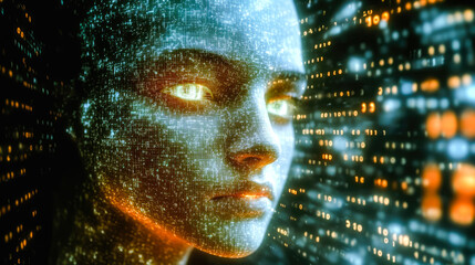 Poster - An expressive visualization of a face intertwined with vibrant data streams, capturing the essence of technological integration and modern digital landscapes.