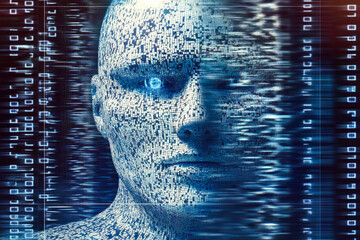 Poster - A captivating digital sculpture featuring a face composed of blue pixels, representing the intersection of human experience with advanced digital technologies.