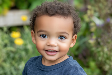 A cheerful toddler with curly hair smiles brightly, standing outdoors in a lush garden