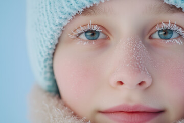 Frost-covered eyelashes and rosy cheeks in winter close-up