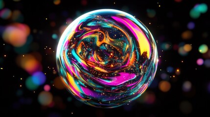 Poster - A mesmerizing multicolored abstract bubble with swirling colors and glowing particles, set against a dark background, creating a futuristic effect.