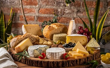 Cheese A rustic wooden board piled high with a selection of cheeses, bread, grapes, olives, and nuts.