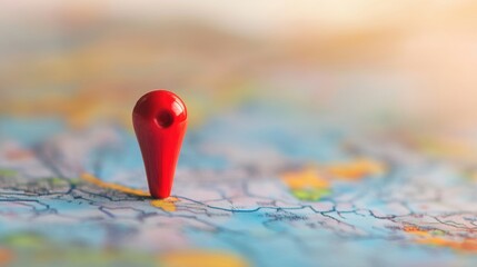 A close-up of a red location pin placed on a blurred map, symbolizing navigation, travel, or destination marking on a global scale.