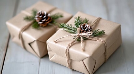 Rustic gifts are beautifully wrapped using natural elements like twine, pinecones, and greenery, creating a charming presentation on a table