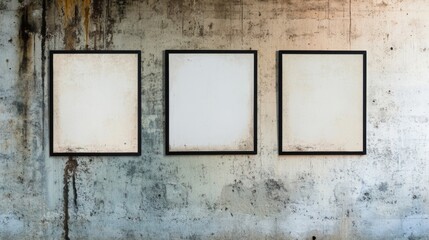 Poster - Three empty frames are mounted on a textured concrete wall, offering a canvas for potential artwork or personalization in a creative environment