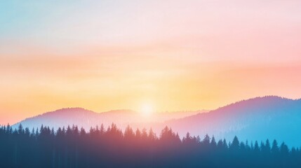 Wall Mural - A stunning sunrise casts warm light over a tranquil mountain forest, highlighting the lush trees and gentle slopes in soft hues