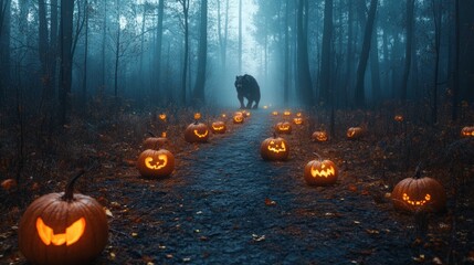 Halloween holiday carved pumpkin monster in dark forest