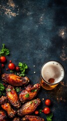 Grilled chicken wings with cold beer and fresh vegetables on dark rustic background, perfect for game day or casual dining experience.