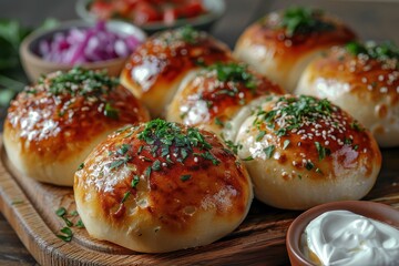 A dish of Russian pirozhki, small buns filled with meat or cabbage, arranged on a platter with a side of sour cream