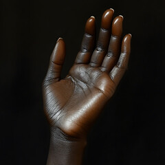 A realistic photograph of black womans palm and forearm, showcasing intricate details of skin texture and elegant shape of fingers. image evokes sense of beauty and strength